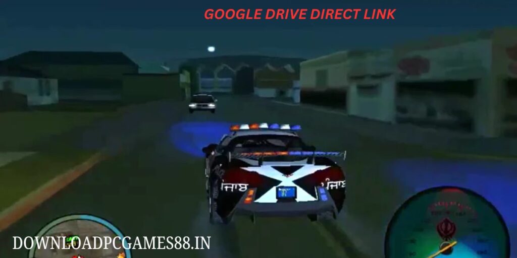 GTA Amritsar nighttime gameplay screenshot featuring a police car with flashing lights