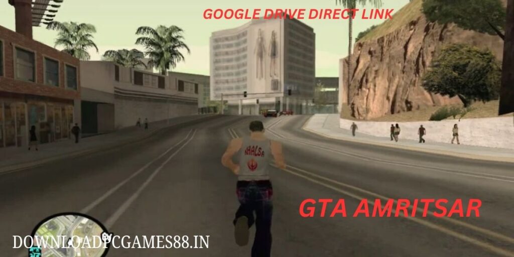 GTA Amritsar gameplay view showing an urban street with a tall building and cliff face visible in the background