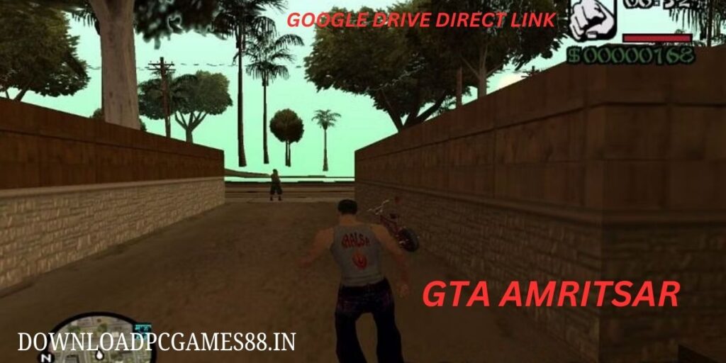 GTA Amritsar screenshot depicting a street scene with walls and trees in a dusk-like setting