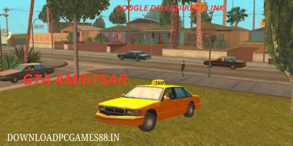 GTA Amritsar screenshot featuring a yellow taxi cab on a suburban street with houses in the background