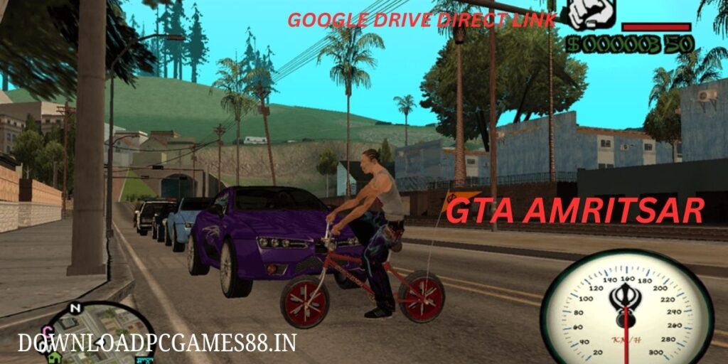 GTA Amritsar gameplay screenshot showing a character on a motorcycle next to a purple vehicle, with a speedometer visible in the corner