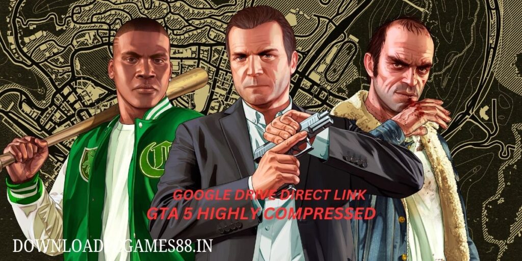 GTA 5 highly compressed promotional artwork showing the three main protagonists posing with weapons against a map background