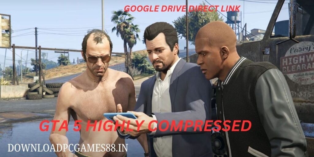 GTA 5 highly compressed screenshot showing three characters in conversation on a street