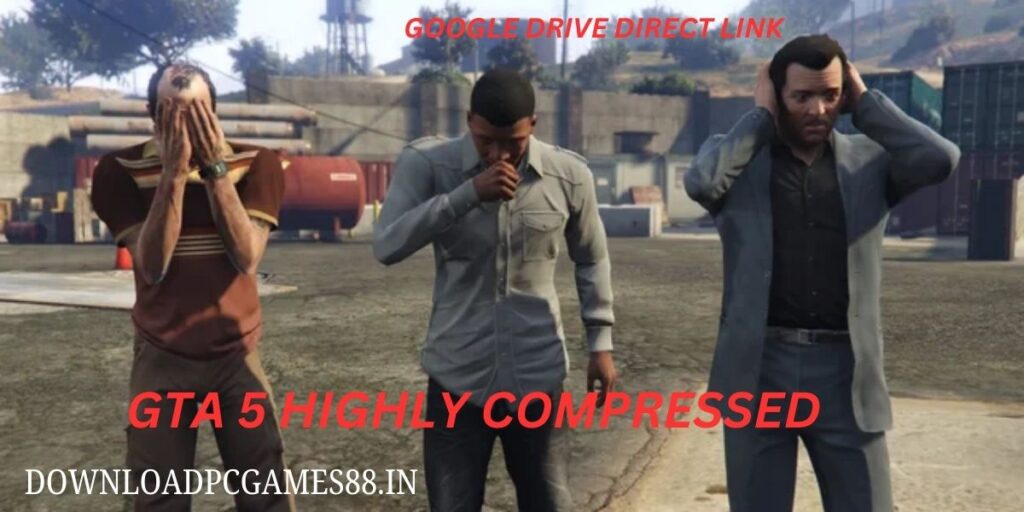 GTA 5 highly compressed gameplay scene with three characters in an outdoor setting