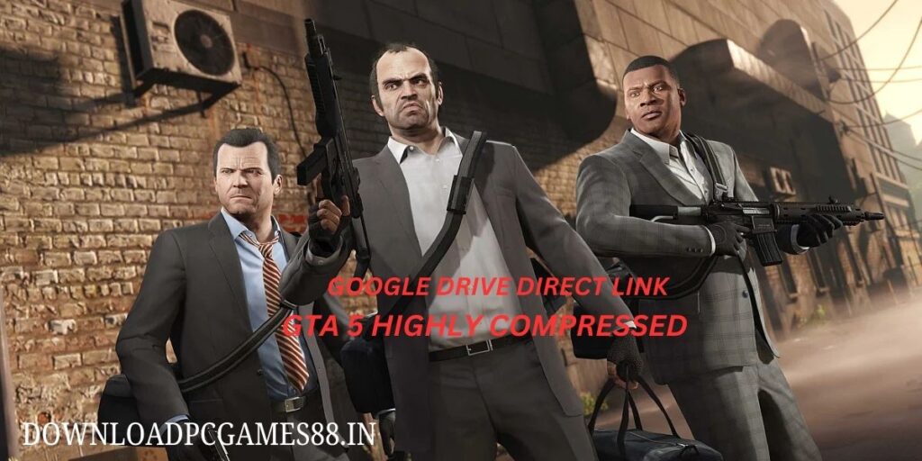 GTA 5 highly compressed screenshot showing characters in suits standing against a brick wall backdrop