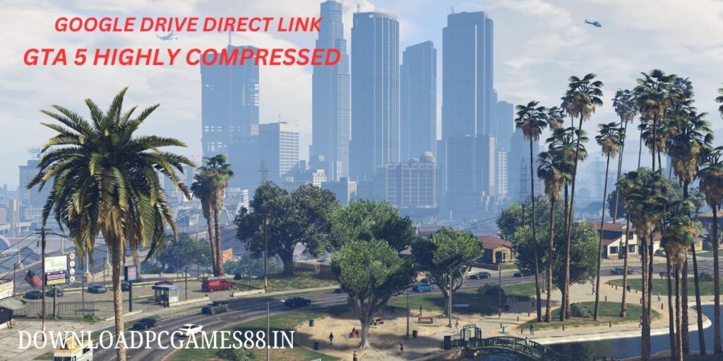 GTA 5 highly compressed screenshot of Los Santos cityscape with palm trees and skyscrapers in the distance